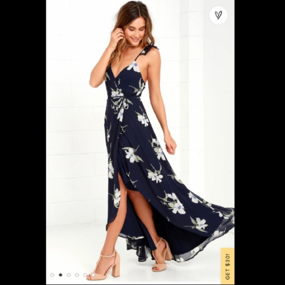 Lulus All Mine Navy Blue Floral Print High-Low Wrap Dress